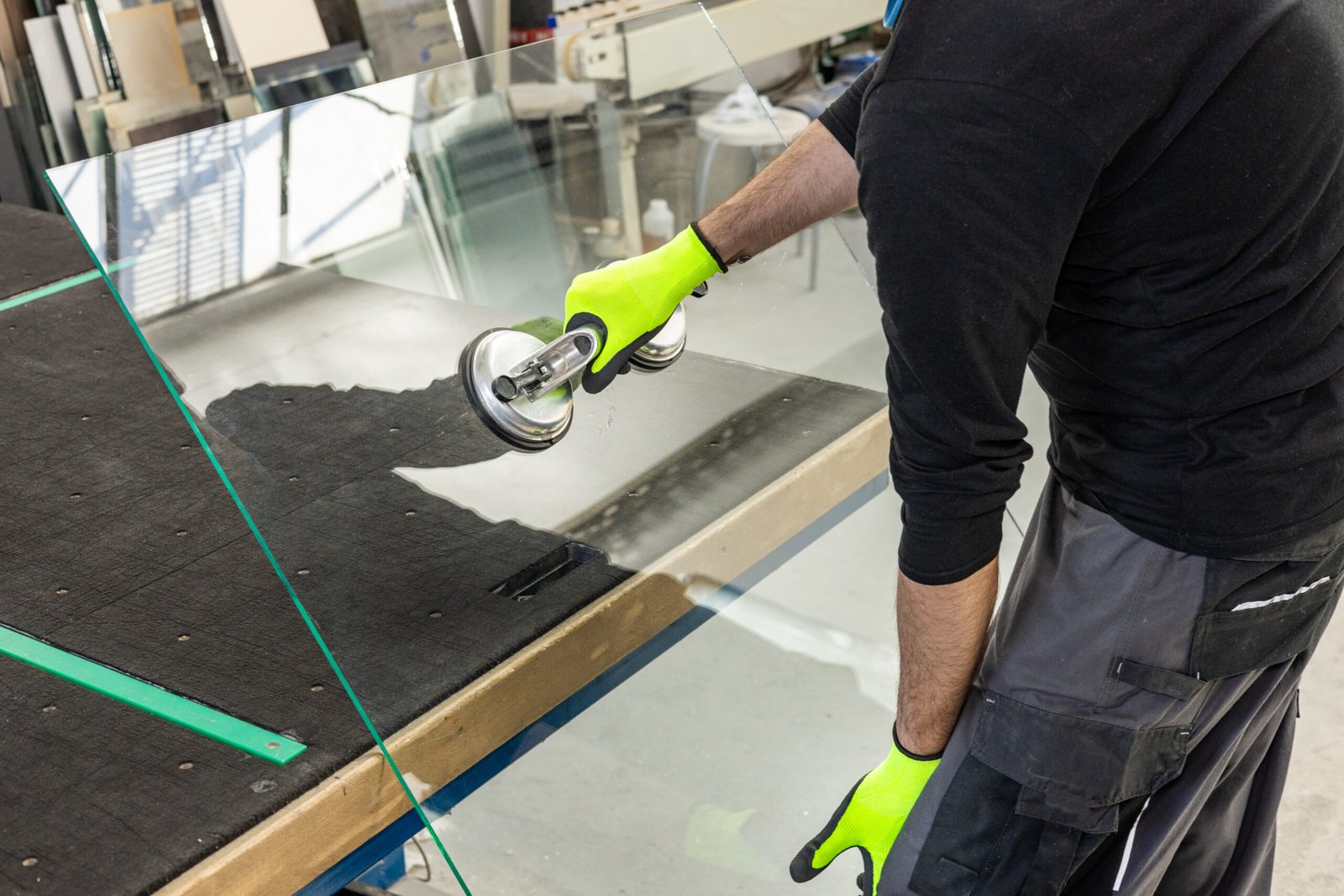 A glazier lifts the glass in the factory using a special glass suction cup.